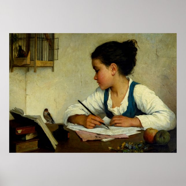 A Girl Writing, Pet Goldfinch av Henriette Browne Poster (Framsidan)