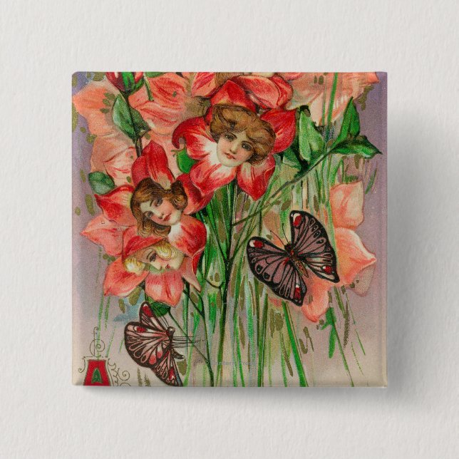 A Glad påsk med Women Head Flowers Knapp (Framsida)