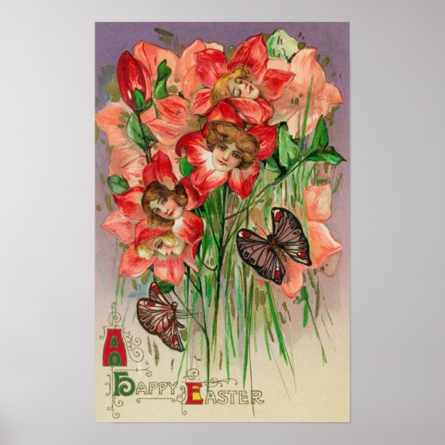 A Glad påsk med Women Head Flowers Poster (Framsidan)