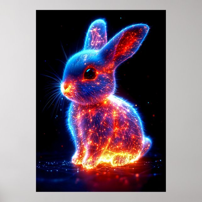 A glowing rabbit is depicted with vibrant blue and poster (Framsidan)