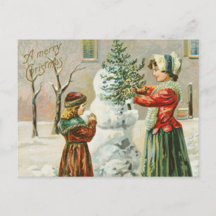 A God jul Kvinna, barn och Snögubbe Helgdag Helg Vykort