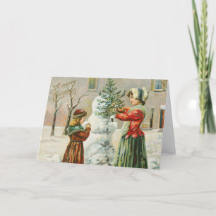 A God jul Kvinna, barn och Snögubbe Helgdag Helgkort