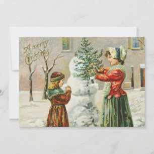 A God jul, kvinna, barn och Snögubbe Julkort