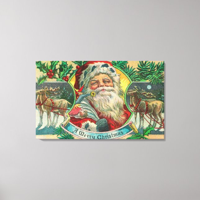 A God jul Santa and Reindeer Scene Canvastryck (Framsida)