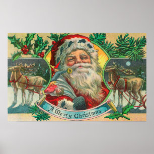 A God jul Santa and Reindeer Scene Poster