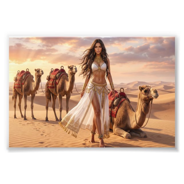 A Graceful Woman with Camels at Sunset Fototryck (Framsidan)