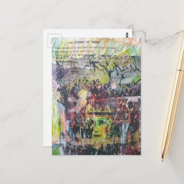 A grungy face verbs mixed media collage vykort (Fram/Back In Situ)