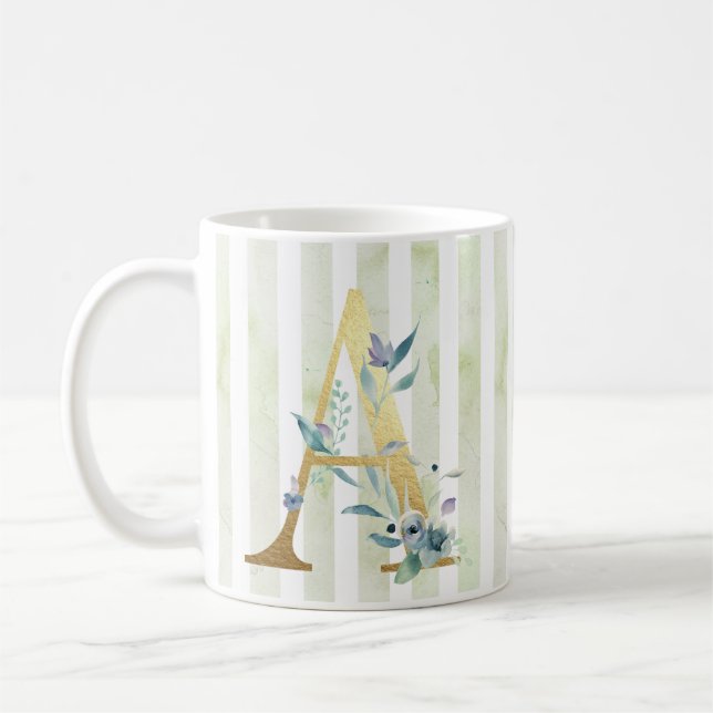 A, guld, inledning om blått och vitt rand kaffemugg (Vänster)