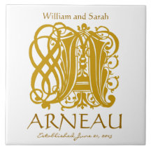 A Guld Monogram på vit - Namn Bröllop Datumpanel