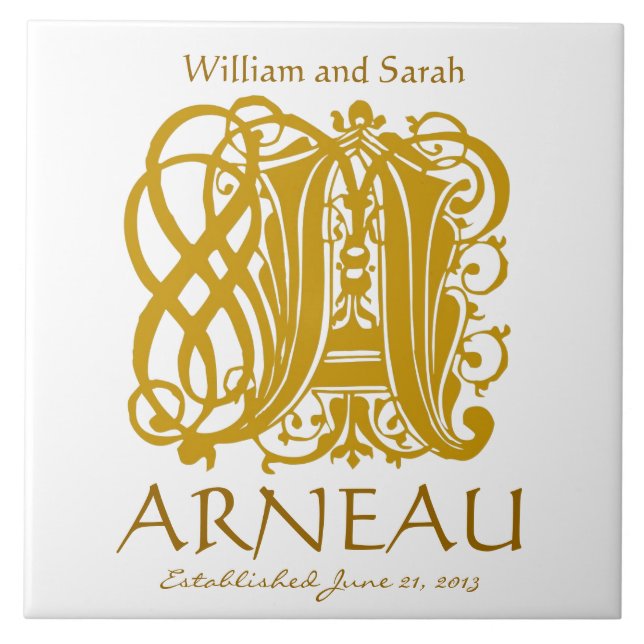A Guld Monogram på vit - Namn Bröllop Datumpanel Kakelplatta (Framsidan)