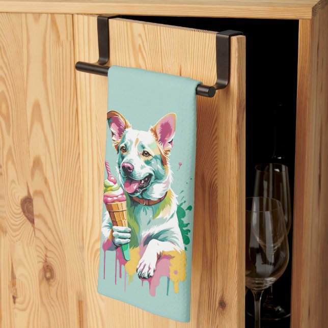 A Happy Dog eating an ice-cream Kökshandduk (Thirds Fold)