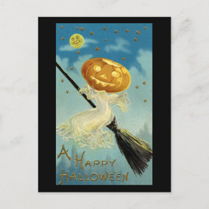 A Happy halloween Pumpkin Head Witch Vintage Vykort