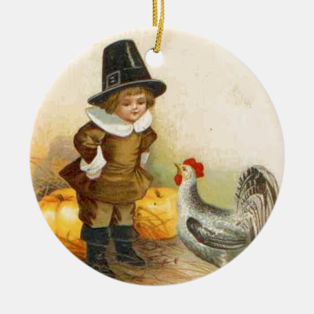A Happy thanksgiving Pilgrim och Vintage Ornamet Julgransprydnad Keramik (Framsidan)