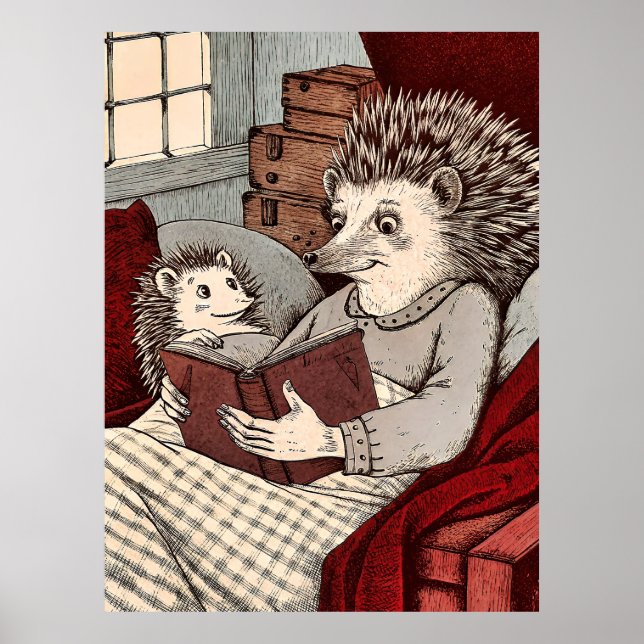 A hedgehog in a blanket reading a book to a young  poster (Framsidan)