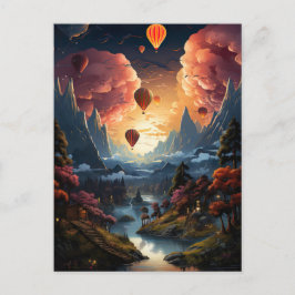 A hot air balloon flies over an asian landscape vykort