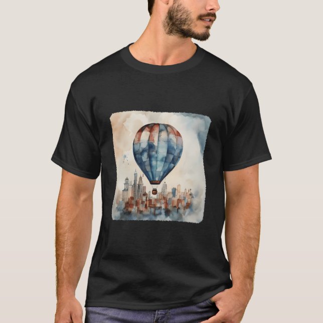 A Hot Air Balloon Floating Over A City Urban Adven T Shirt (Framsida)