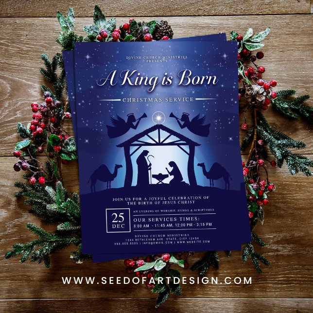 A King is Born Blue Nativity Scene Church Reklamblad (Skapare uppladdad)