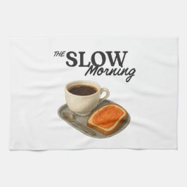 A kitchen towel with coffee and toast image kökshandduk