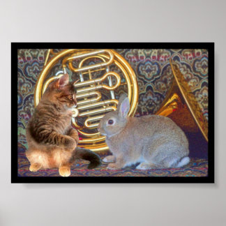 A Kitten, en Bunny och en Fransk Horn Poster