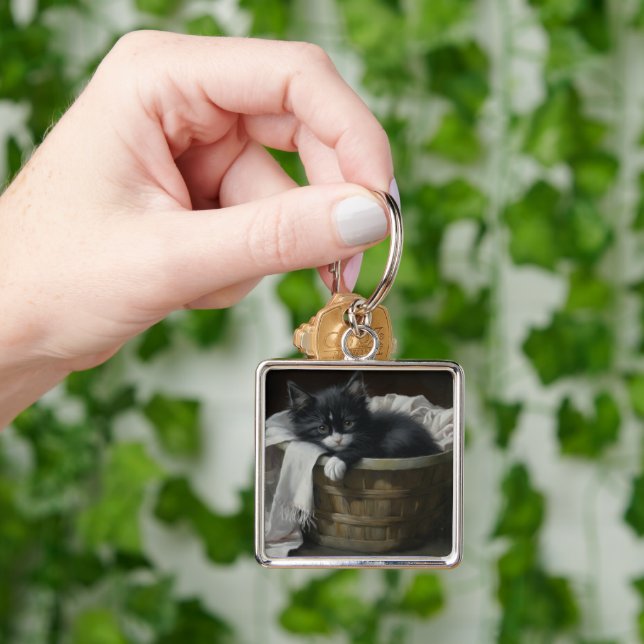 A Kittens Mysiga hörn Fyrkantig Silverfärgad Nyckelring (Hand)