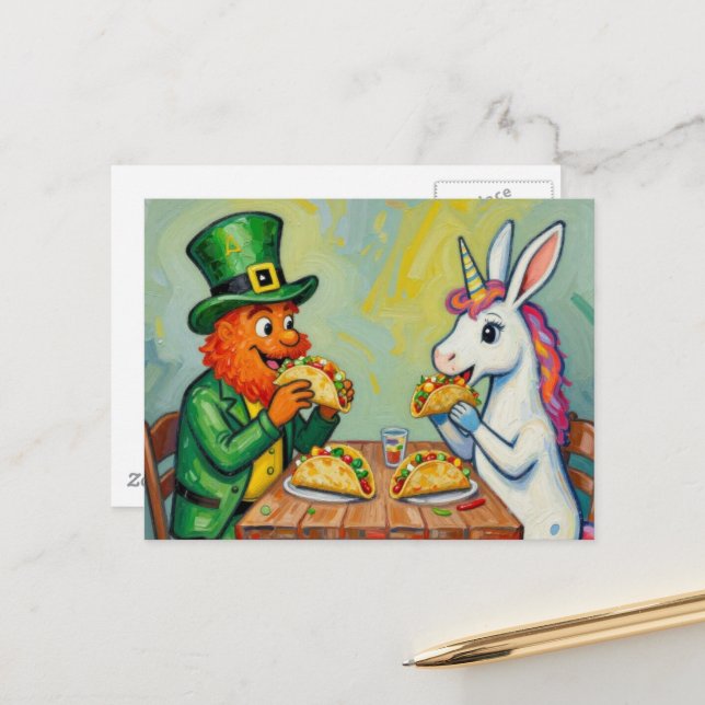 A leprechaun and a unicorn rabbit eating tacos vykort (Fram/Back In Situ)