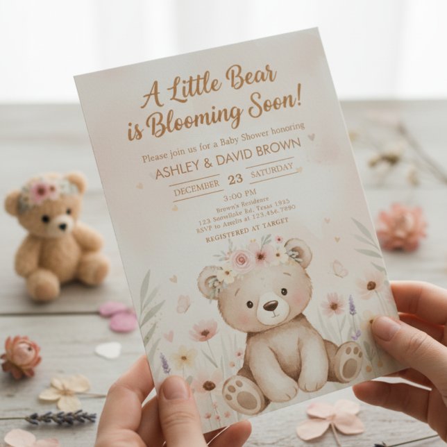 a little bear Floral Baby Shower Gender Neutral Inbjudningar (Skapare uppladdad)