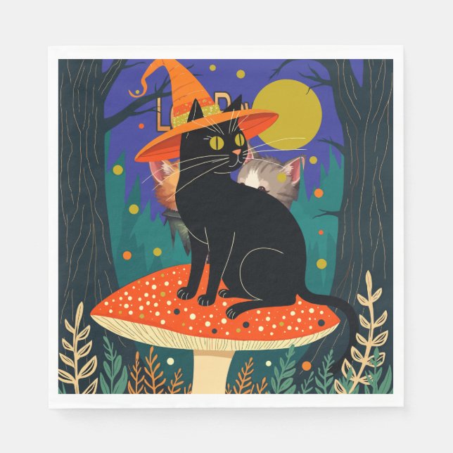 A Little Black Witchy Cat Sitting On A Toadstool Pappersservett (Framsidan)