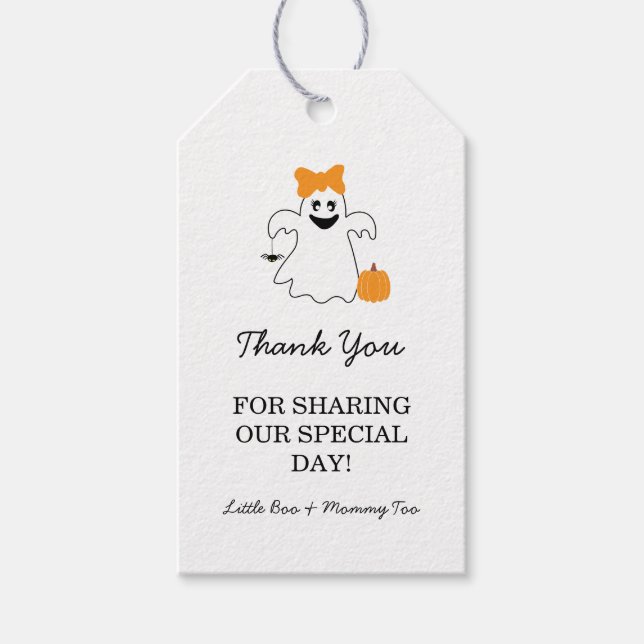 A Little Boo Is Almost Due Orange Girl Baby Shower Presentetikett (Framsidan)