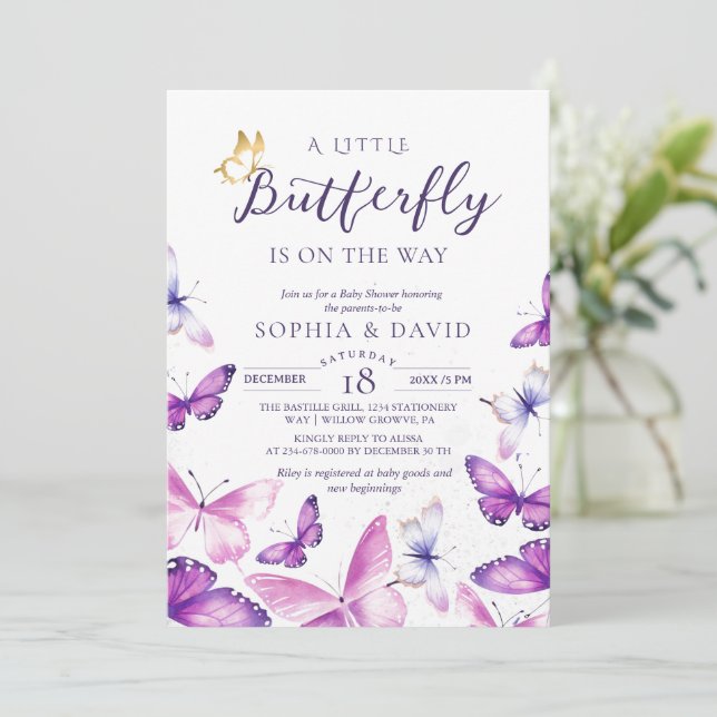 A Little Butterfly Gold & Purple Baby Shower  Inbjudningar (Stående Fram)