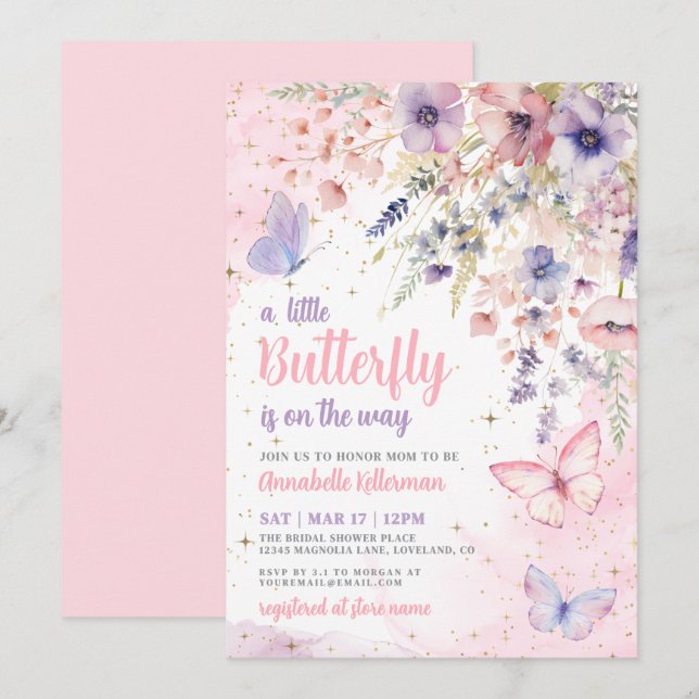 A Little Butterfly Wildflower Baby Shower Inbjudningar (Fram/baksida)