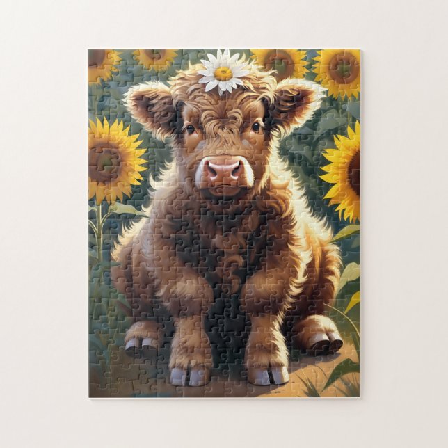 A little cow in a sunflower field pussel (Vertikal)