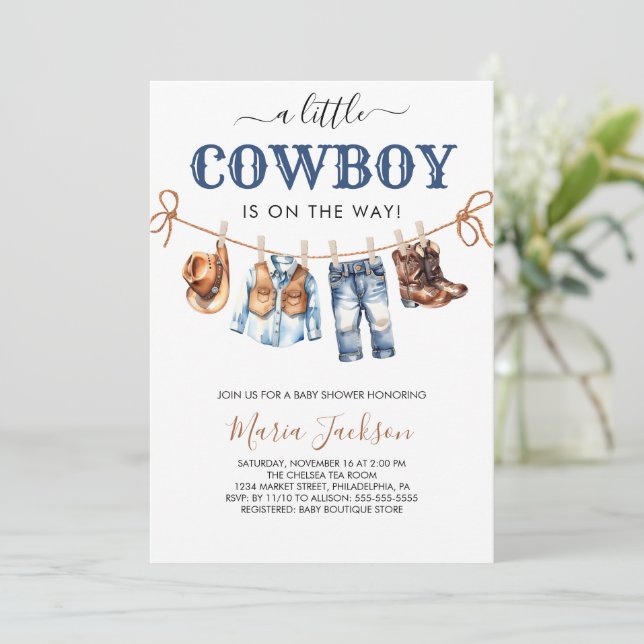 A Little Cowboy Wild West Blue boy Baby Shower Inbjudningar (Stående Fram)