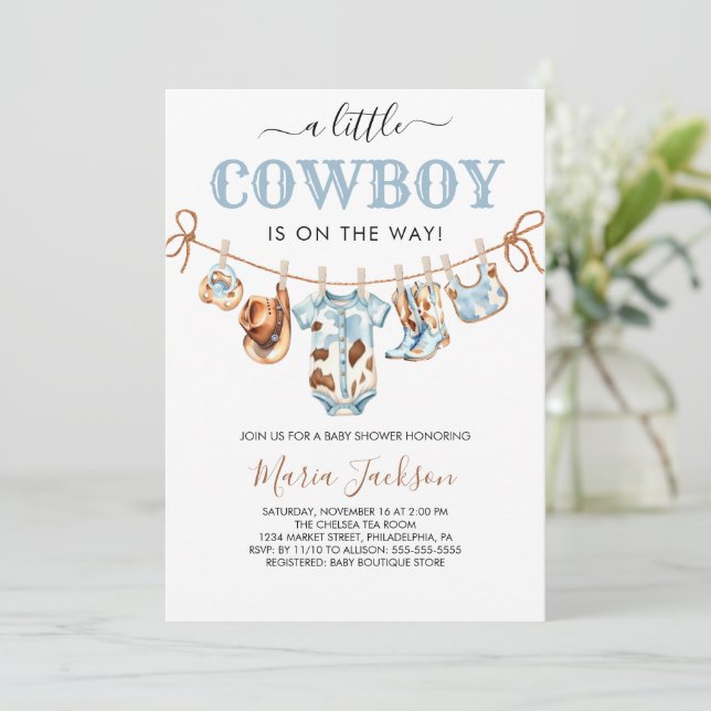 A Little Cowboy Wild West Blue Cowboy Baby Shower Inbjudningar (Stående Fram)