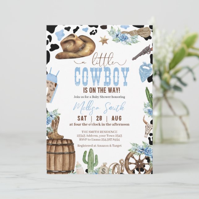 A Little Cowboy Wild Western Boy Blue Baby Shower Inbjudningar (Stående Fram)