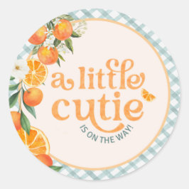A Little Cutie Orange Baby Shower Tag | Runt Klistermärke