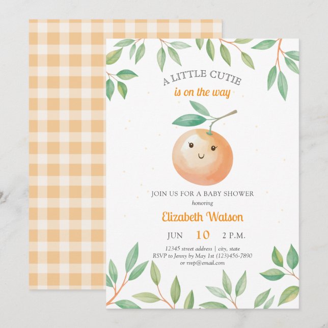 A Little Cutie Orange Gingham Citrus Baby Shower Inbjudningar (Fram/baksida)