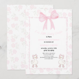 A Little Lucky Duckie Pink Bow Floral Baby Shower Inbjudningar