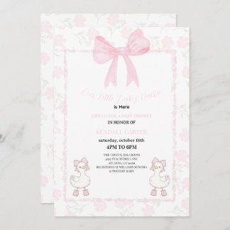 A Little Lucky Duckie Pink Bow Floral Baby Shower Inbjudningar
