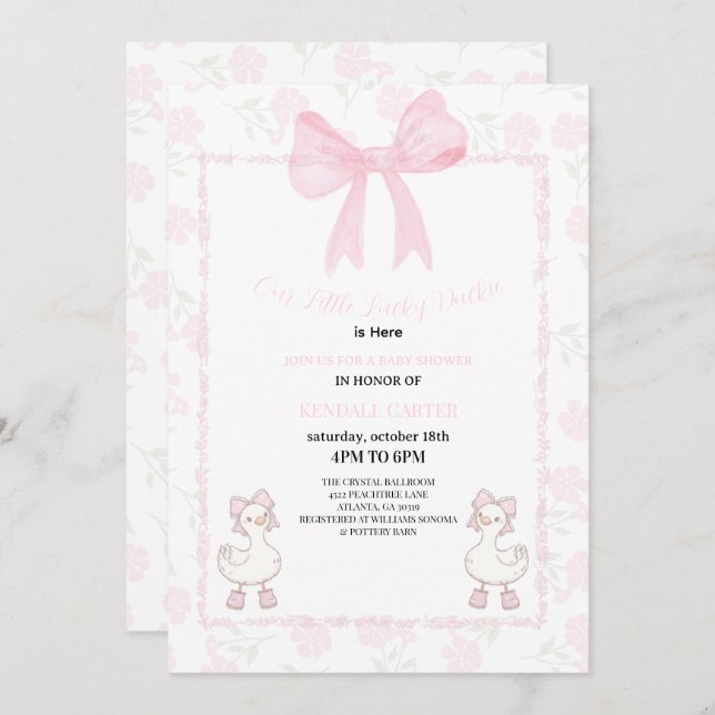 A Little Lucky Duckie Pink Bow Floral Baby Shower Inbjudningar (Fram/baksida)