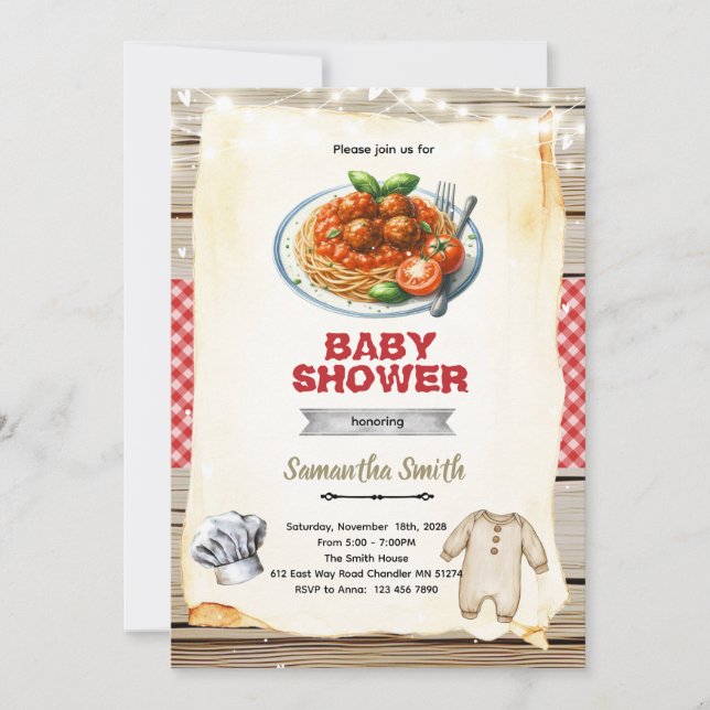 A Little Meatball pasta Baby Shower Invitation Inbjudningar (Framsida)