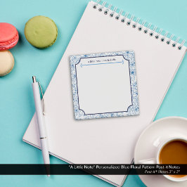 "A Little Note" Personalized Blue Floral Pattern Post-it Block