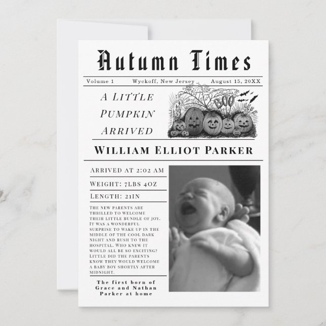 A little pumpkin arrived Birth Announcement Meddelande (Framsida)