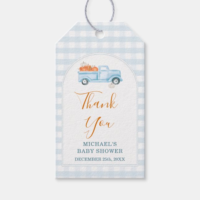 A Little Pumpkin Blue Truck Gingham Baby Shower Presentetikett (Framsidan)