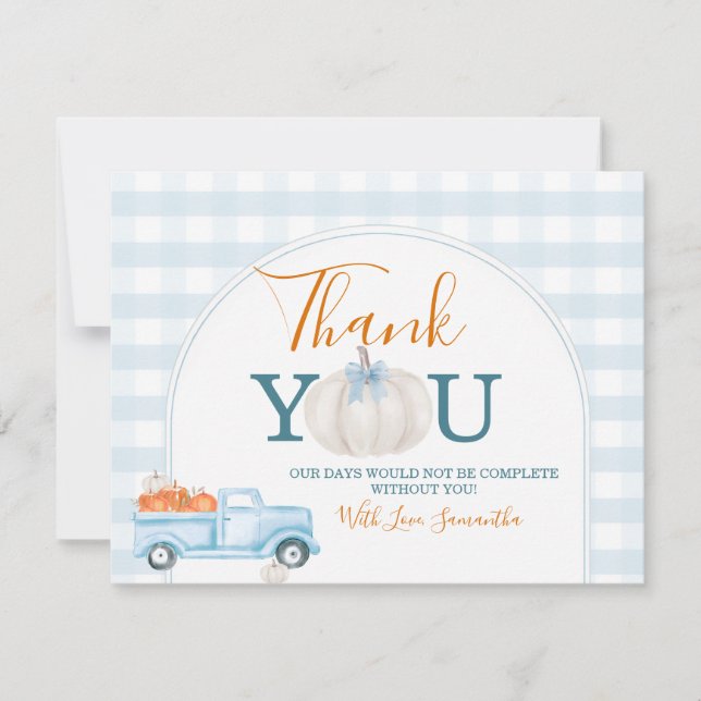 A Little Pumpkin Blue Truck Gingham Baby Shower Tack Kort (Framsida)