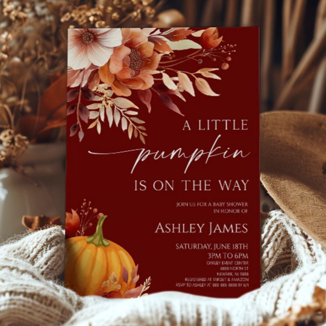 A Little Pumpkin Rusty Burgundy Floral Baby Shower Inbjudningar (Skapare uppladdad)