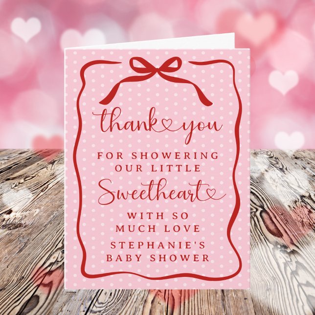 A Little Sweetheart Pink Red Bow Girl Baby Shower Tack Kort (Skapare uppladdad)