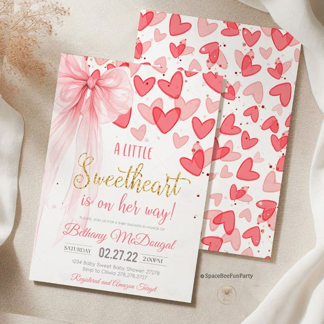 A Little Sweetheart Valentine Baby Is on her way  Inbjudningar (sweetheart baby shower bow, valentine's  day ,baby shower invitation, birthday, valentine's party, h)
