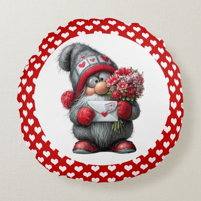 "A Love Note for You" Valentine Gnome Rund Kudde (Framsidan)