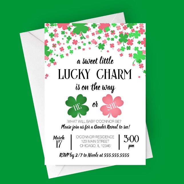 A Lucky Charm, St patricks day Gender Reveal Party Inbjudningar (Lucky Charm St Patricks Day Gender Reveal Party Invitation with Lucky Clovers)