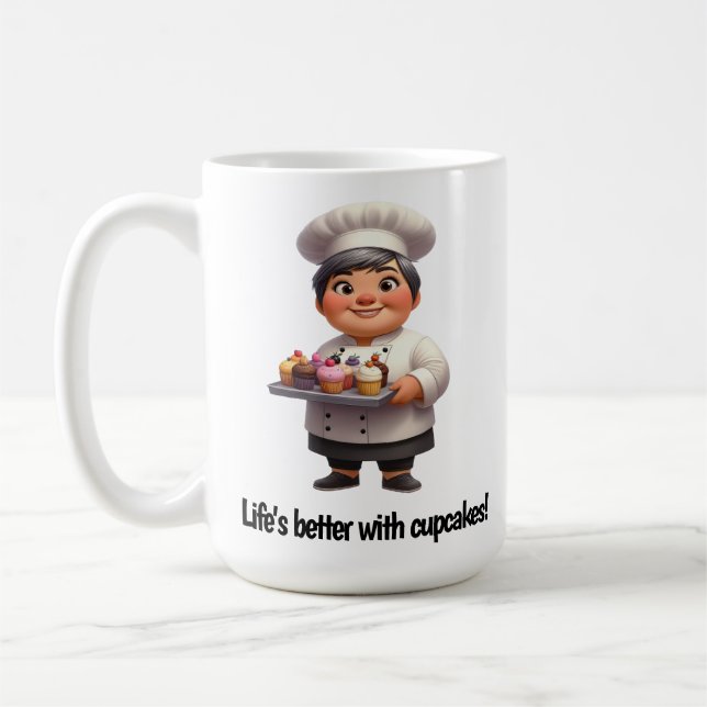A Lycklig Pastry Chef Posing för kameran Kaffemugg (Vänster)
